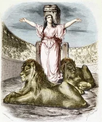 Sainte Blandine på arenaen, løvene som ligger ved føttene hans (kristneforfølgelser i Lyon) - i "Histoire des popes"" av Maurice Lachatre