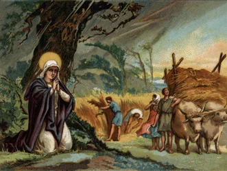 Sainte Genevieve (422-502), skytshelgen for Paris bevarer høstingen av stormen i meaux.Chromolithography rundt 1890.
