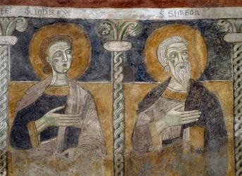 De hellige Johannes evangelisten og Simeon, detalj av freskomaleriet fra 1100-tallet i Basilica of Saints Sisinio, Martyr and Alessandro, San Zeno di Trento, Trentino-Alto Adige, Italia.