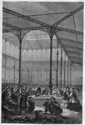 Salg av fisk på auksjonen i Halles de Paris i 1866 (Pavillon Baltard).
