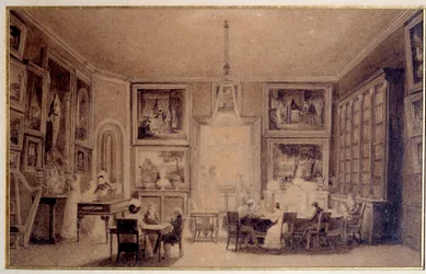 Salongen til dronningen av Holland Hortense de Beauharnais (1783-1837) i Augsburg. Gravering av Paris fra 1800-tallet. Thiers bibliotek