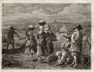 Salt evaporation pond in Brittany - Paludiers and sauniers in Brittany (France), salt marshes - engraving in 