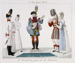 Saltimbanks: Trubaduren spiller seks instrumenter - i "" Le bon sjangeren"", deb. 1800-tallet