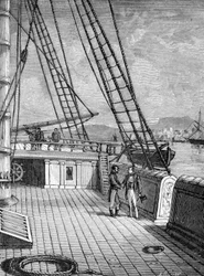 Samuel Morse (1791-1872), oppfinner av den elektroniske telegrafen (1844) og Morse-alfabetet ombord på rutebåten "Sully" i 1832. Gravering 1800-tallet