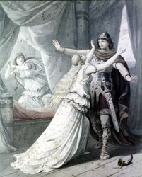 Scene av "" Cola Rienzi, den siste av Tribunene"" (Rienzi, der Letzte der Tribunen), opera av Richard Wagner som representerer Heros Rienzi med Irene i Capitol Palace. 1842. Gravering.