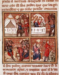 Scene for konfrontasjon mellom to fiendtlige leire, en henrettelse nederst til høyre. Side av et manuskript fra 1300-tallet Biblioteca Marciana Venezia