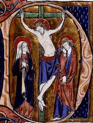 Korsfestelsesscene i et brevhode (bokstav D). Minityr i "" Speculum historiale"" av Vincent De Beauvais (1100-tallet)