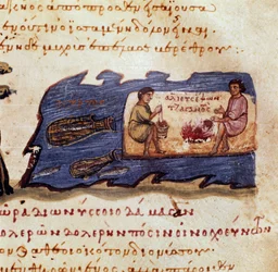 Scene med nattfiske Miniatyr fra jakten "" The Cynegetics"" av Oppian (Oppian eller Oppianus) fra Syria (3. århundre etter JC) dedikert til Caracalla - 11. århundre - Venezia, Biblioteca Marciana