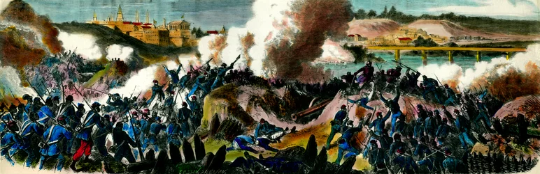 Løsrivelseskrig: Yankees fanget Richmond (Virginia), hovedstaden i det sørlige konføderasjonen i 1865. Gravering av privatsamlingen fra 1800-tallet