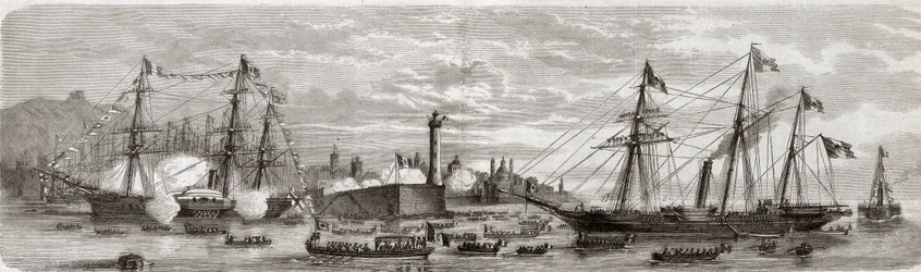 Andre italienske uavhengighetskrig, italiensk kampanje i 1859: Napoleon III (1808-1873) i havnen i Genes 12/05/1859 - Frenchs ankomst til Genova, 12. mai