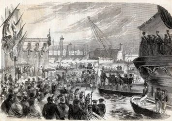 Andre italienske uavhengighetskrig, italiensk kampanje i 1859: Napoleon III (1808-1873) i havnen i Genes 12/05/1859 - Frenchs ankomst til Genova, 12. mai