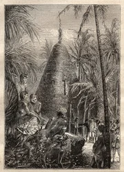 Andre reise (1772-1775) av kaptein James Cook (1728-1779): tradisjonelt sirkulært hus, på taket av en betydelig høyde (Ny-Caledonia) - illustrasjon hentet fra "The Great Mariners of the 18th century""