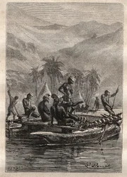 Second voyage (1772-1775) of Captain James Cook (1728-1779): the natives had enough confidence to approach and exchange (New Caledonia) - illustration taken from “The Great Mariners of the 18th century”