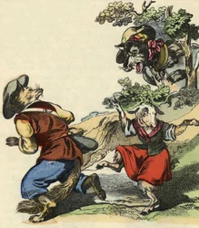 Seeing the wolf, Master Fox fled, leaving Little Chevrette in danger. Illustration of the tale “Bon medor and Little Chevrette””. In “” Tales from the home for the little ones””. Anonymous engraving of the 19th century.