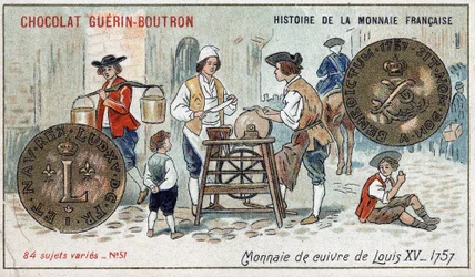 Serien History of the French Currency utgitt av Chocolat Guérin Boutron. 1800-talls kromolitografi. Kobbermynt av Louis XV i 1757