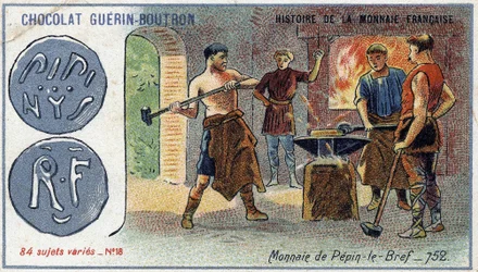 Serien History of the French Currency utgitt av Chocolat Guérin Boutron. 1800-talls kromolitografi. Pepin-valuta briefen i 752