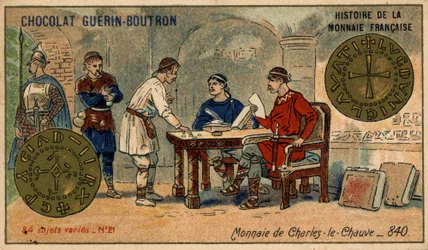 Serien History of the French Currency utgitt av Chocolat Guérin Boutron. 1800-talls kromolitografi. Mynt av Charles the Bald i 840