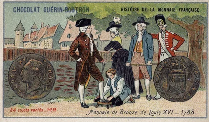 Serien History of the French Currency utgitt av Chocolat Guérin Boutron. 1800-talls kromolitografi. Bronsemynt av Louis XVI i 1788