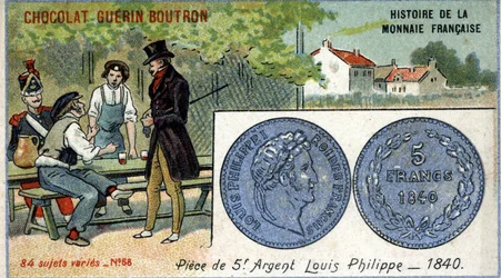 Serien History of the French Currency utgitt av Chocolat Guérin Boutron. 1800-talls kromolitografi. 5 franc sølvmynt. Louis Philippe 1. i 1840