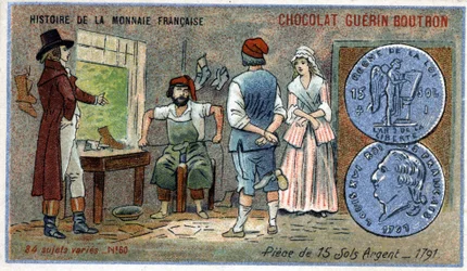 Series Histoire de la Monnaie Française published by Chocolat Guérin Boutron. Chromolithography 19th century. coins of 15 silver soils in 1791
