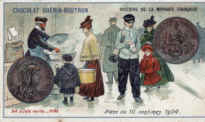 Serien History of the French Currency utgitt av Chocolat Guérin Boutron. 1800-talls kromolitografi. 10 cent mynt i 1904