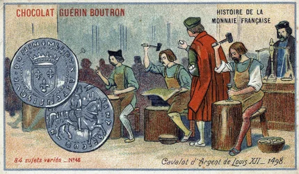 Serien History of the French Currency utgitt av Chocolat Guérin Boutron. 1800-talls kromolitografi. Sølvkavaloten til Ludvig XII. 1498