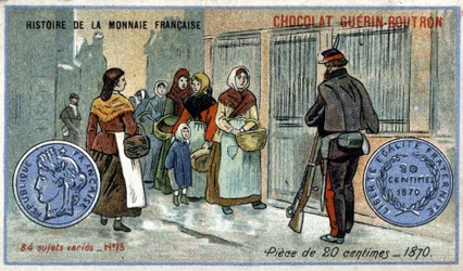 Serien History of the French Currency utgitt av Chocolat Guérin Boutron. 1800-talls kromolitografi. 20 centimes mynt i 1870