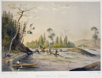 Nybyggere som fisker i en rask - i "" Skisser på nipisaguit en elv i New Brunswick i Amerika"" av William Hickman, red. Halifax