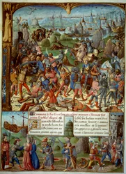 Syvende korstog (1248-1254). På toppen Louis IX (Saint Louis) (1215-1270), konge av Frankrike, med kryssene etter å ha blitt beseiret av saracenerne ved Mansourah i 1250. De trakk seg tilbake bak tårnene i Damaskus. Louis IX og hans to brødre blir tatt i p