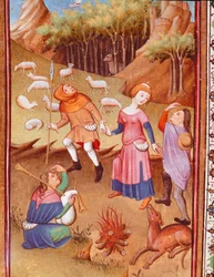 Hyrder som hviler i nærheten av en vedbål Miniatyr hentet fra "The Hours of Edward I (Duarte) of Portugal (1391-1438)" Lisboa fra 1400-tallet, Torre do Tombo