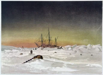 Ship in the Ice - i “” The shores of the polar sea, an Arctic expedition narration””, av Dr. Edward Moos, Marcus Nard & Co, London