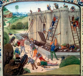 Beleiring av Brest (1386 e.Kr.). Miniatyr i "" Chronicles"" av Jean Froissart (Folio 116v)