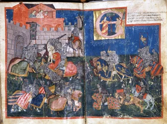 Beleiring av Pamplona i Spania av Charlemagne Miniature fra "Entree of Spain"". Venezia fra 1300-tallet, Biblioteca Marciana.