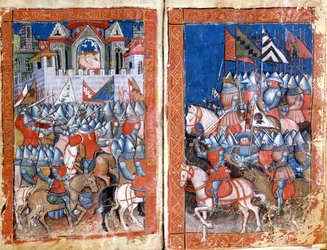 Beleiring av Pamplona i Spania av Charlemagne Miniature fra "Entree of Spain"". Venezia fra 1300-tallet, Biblioteca Marciana.