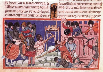 Beleiring av en befestet by. Miniatyr fra en kodeks om fakta om Jules Cesar (101 f.Kr.-44 f.Kr.) Venezia fra 1300-tallet, Biblioteca marciana