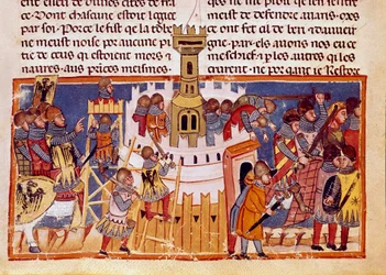 Beleiring av en befestet by Miniatyr hentet fra "The Facts of the Romans"" som forteller om livet til de tolv Cesar. Venezia fra 1200-tallet, biblioteca Marciana