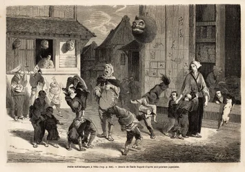 Små saltbanker som fremfører akrobatiske numre i musikk i gatene i Yedo (eller Edo, den keiserlige hovedstaden, dagens Tokyo). Gravering for å illustrere reisen til Japan, i 1863-1864, av Aime Humbert, minister for det sveitsiske konføderasjonen, i "&