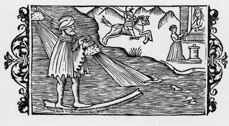 Trollmann som krysser havet ved hjelp av et lotteri - i "History of the Northern Nations" av Olaus Magnus, Roma 1555