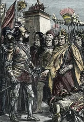 Den spanske erobringen av Mexico: møte mellom Hernan Cortés og Montezuma II i 1519