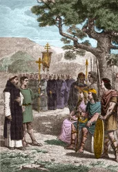 St Augustine av Canterbury (d 604) forkynte for Ethelbert (552? -616) angelsaksisk konge av Kent som han døpte i 597 - Augustin sendt av pave Gregory I for å konvertere angelsaksere til kristendommen - Representasjon av Saint Augustine av Canterbury ( d. 6