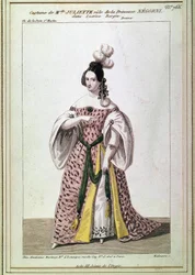 Frøken Juliette Drouets kostyme til rollen som prinsesse Negroni i Victor Hugos «Lucrezia Borgia». Stikk fra 1800-tallet