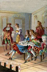 TEATERET I TIDSPUNKTET: En forestilling under Ludvig XIV. Tilskuere med merkelapper overværet forestillingen på scenen i nærheten av skuespillerne.