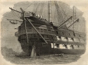 Telegrafi: utsikt over akterenden av skipet H.M.S. "Agamemnon"" som skal legge den første transatlantiske kabelen. Gravering i "" The Illustrated London News"" av 5. juni