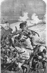 The 75-year-old veteran John Talot was recut to lead an expedition of 3000 men, which debarquated in Guyenne on 17 Oct. 1452. Engraving representing Talbot