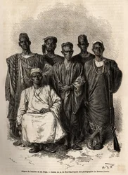 Den afrikanske eskorten til Mage, løytnant-på-skipet, sendte på et oppdrag til Niger. Gravering for å illustrere historien om løytnant Mages reise i Vest-Sudan mellom 1863 og 1866, publisert i "Le tour du monde, nouveau journal des voyages", redigert av E