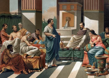 The Banquet of Periander (Tyrant, or King of Corinth) for the seven wise men of Greece. from left to right: Bias, Esop, Anacharis, Cleobule, Solon, Pythagoras, Periander and his wife Melisse.After “” La Ciencia y sus Hombres by Louis Figuier””. Barcelona 1
