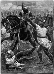 Slaget ved Evesham, 4. august 1265. (c1800). Evesham markerte slutten på den andre baronkrigen. Royalistiske styrker ledet av prins Edward (Edward I) beseiret Simon de Montfort (c1208-1265) som ble drept i slaget. Her Henry III (1207-1272) som hadde vært M