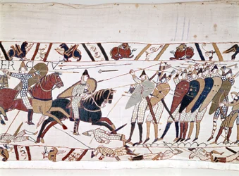 Slaget ved Hastings, vunnet av Erobreren Vilhelm I (1027 - 1087) 14.10.1066 og hvor kong Harold II av England døde (1022 - 1066). Bayeux-teppe, kjent som Broderi av Dronning Mathilde