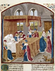 The Birth of Jules Cesar - Miniatyr hentet fra Facts of the Romans av Jules Cesar a Domitian, tekster av Lucan (39-65), Suetone (70-122) og Salluste (86-34 f.Kr.)