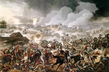 The British army commanded by the Duke of Wellington (1769 - 1852) won the Battle of Waterloo against the French troops of Napoleon I on 18/06/1815. Engraving of the period.